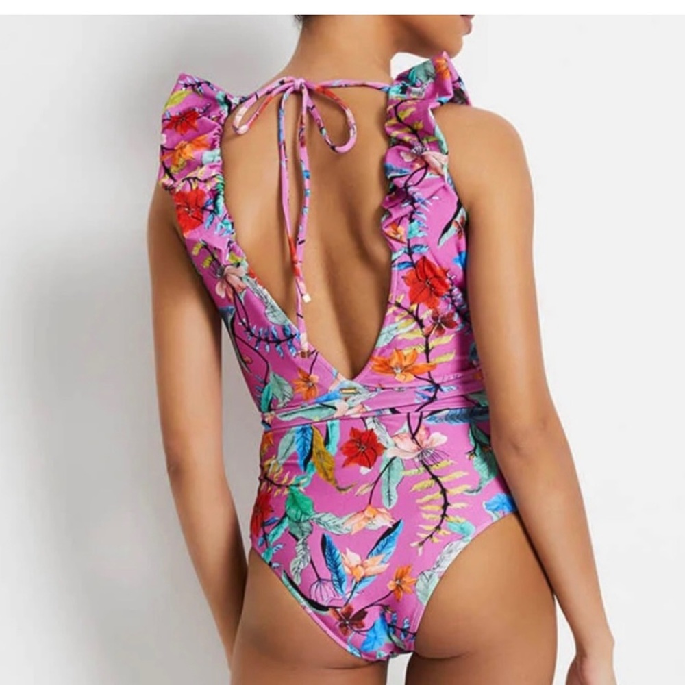 PatBo Zamia Ruffle Plunge Swimsuit Magenta One Piece Size Small NWT - Picture 2 of 10